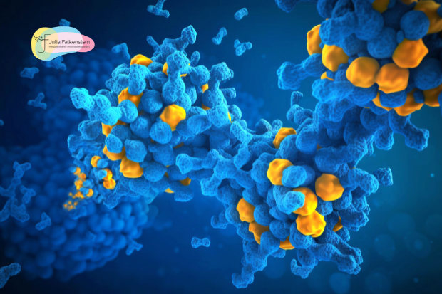 3D-Illustration blauer und gelber Molekülstrukturen als Symbol für chemische Inhaltsstoffe, synthetische Marker und die Analyse ätherischer Öle.